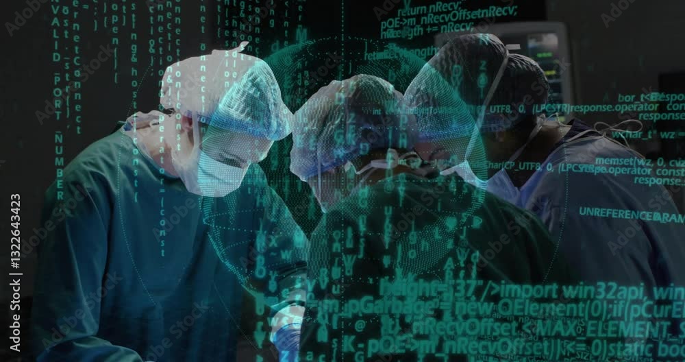 Poster performing operation, surgeons using digital data processing animation in hospital