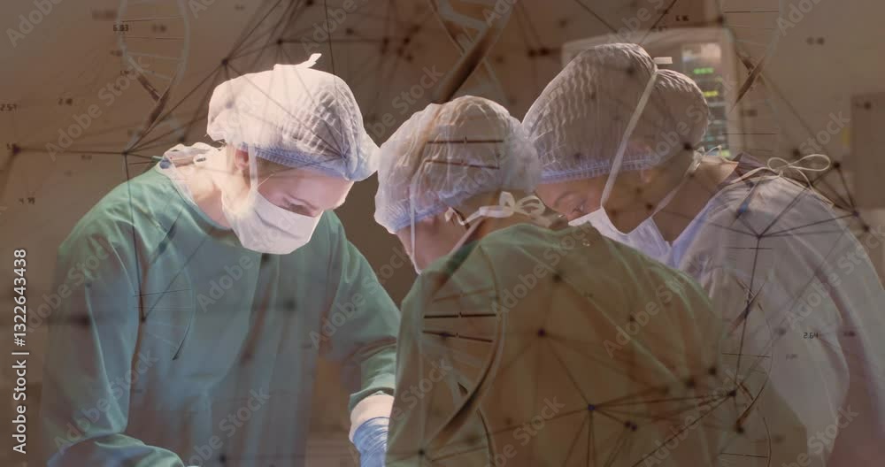 Poster performing operation, surgeons with network data processing overlay in hospital