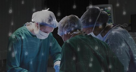 Surgeons in operating room with digital data processing animation overlay - Powered by Adobe