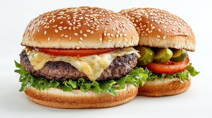 A succulent beef patty topped with melted cheese, crispy lettuce, ripe tomatoes, and tangy pickles, all sandwiched between two toasted sesame seed buns, placed on a clean white background.