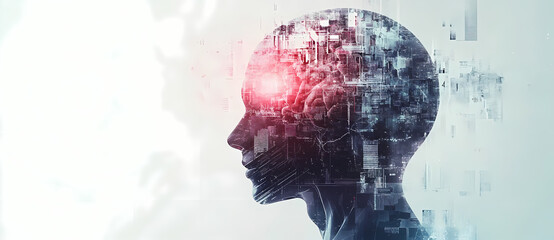 The Human Brain: A conceptual image of a human head with a digitally rendered brain, highlighting the intricate complexities of thought, innovation, and intelligence