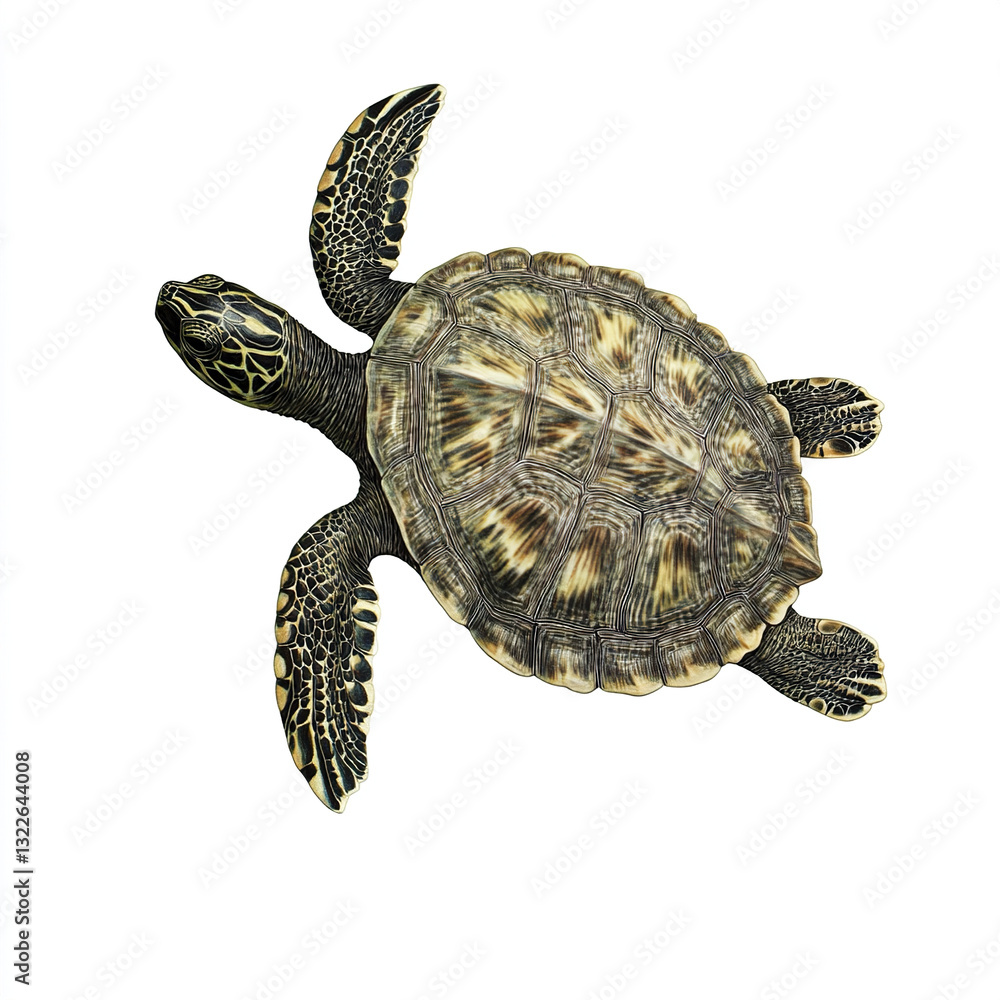 Poster turtle isolated on white background, showcasing detailed shell pattern