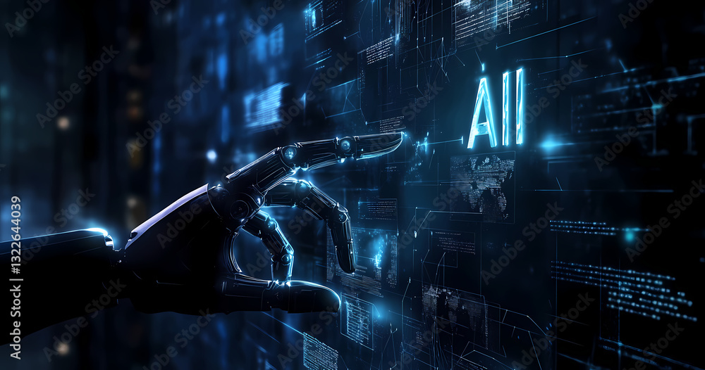 Poster robot hand interact with screen: a sleek robotic hand with intricate mechanical details interacting 