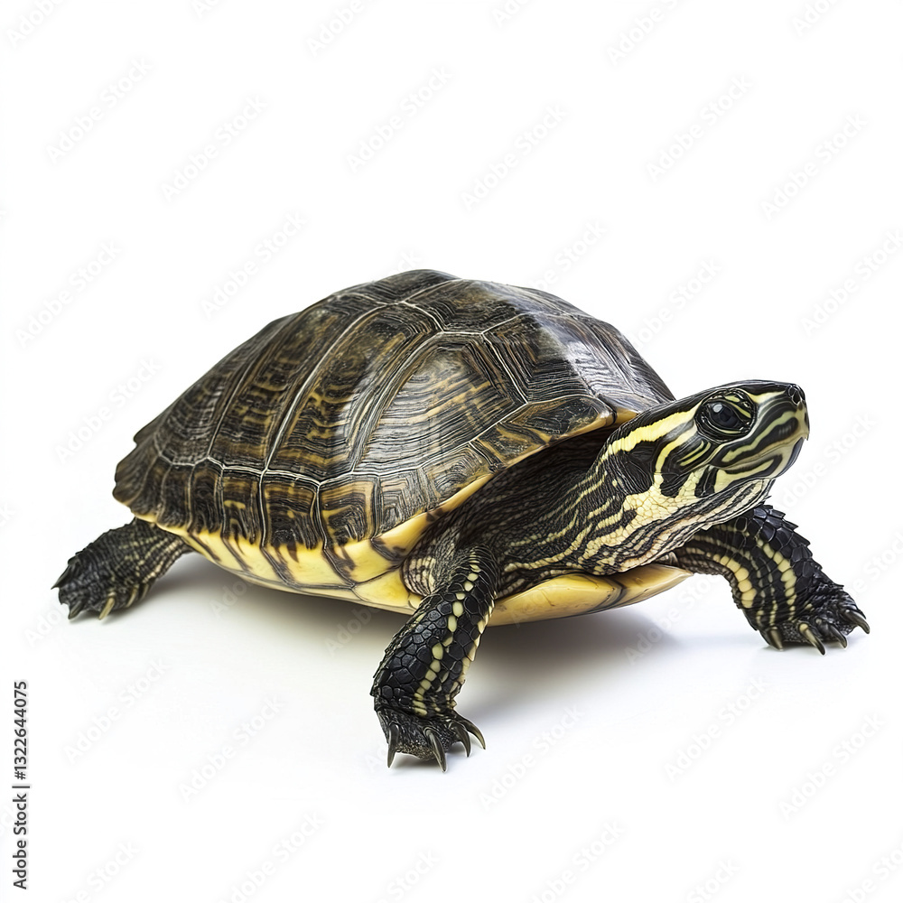 Poster turtle isolated on white background with detailed shell pattern