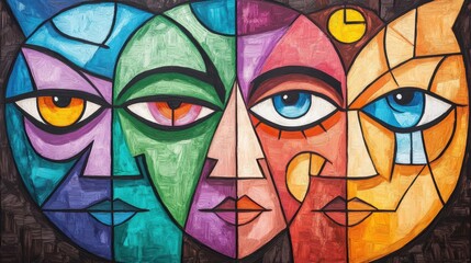 Abstract colorful cubist faces artwork.