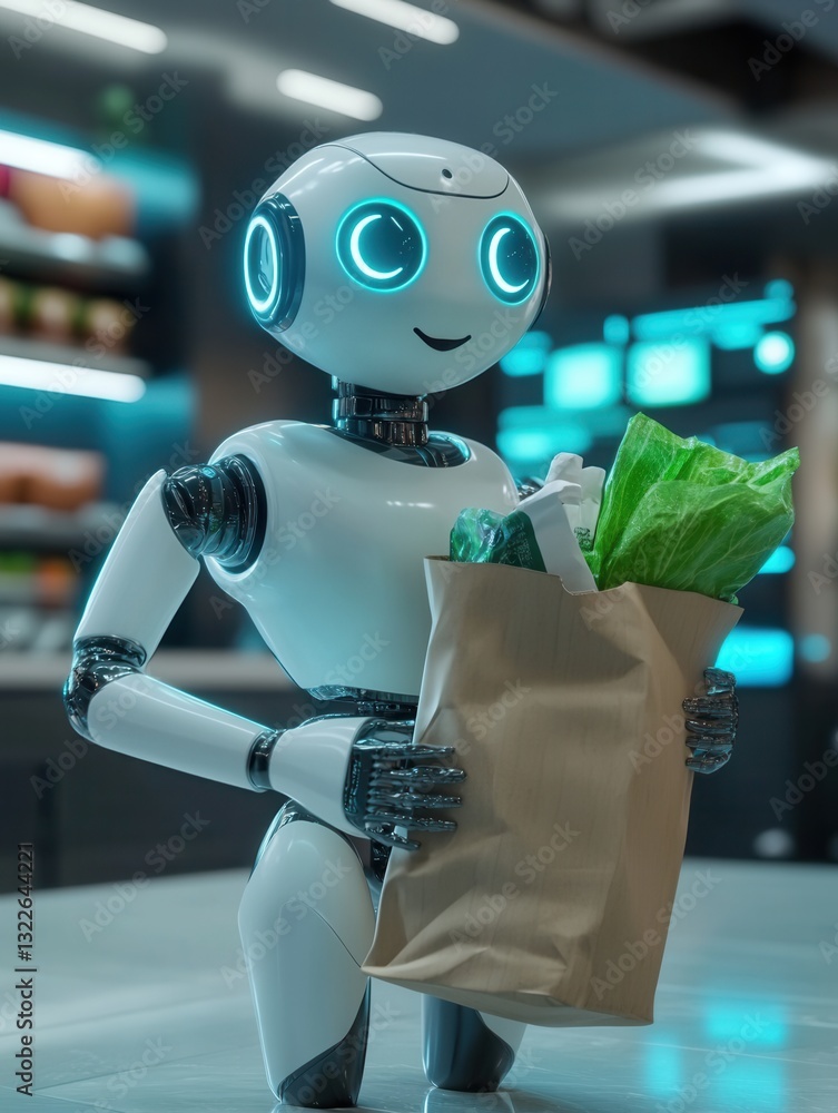 Aufkleber Friendly robot delivers groceries in a futuristic smart home environment filled with advanced technology