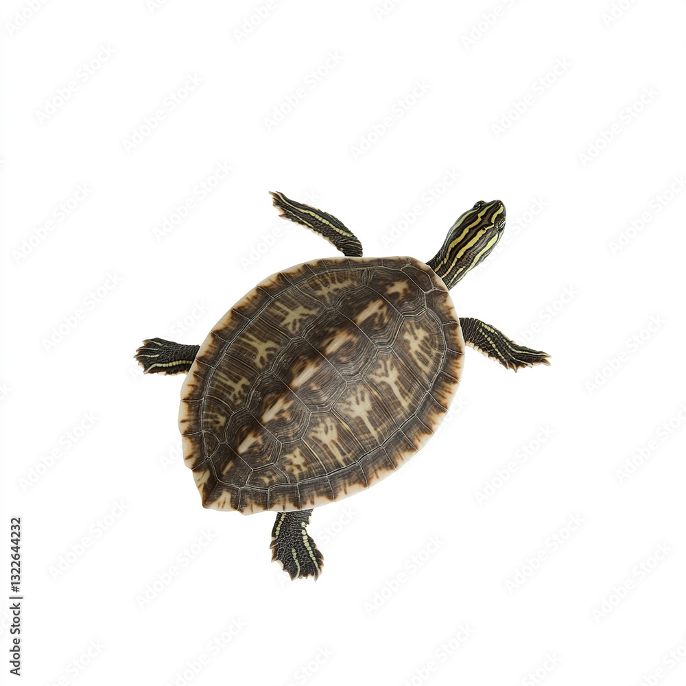 Poster turtle isolated on white background, showcasing its patterned shell