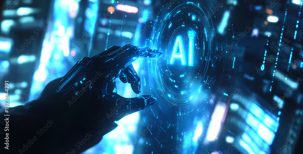Poster unveiling the future: a cinematic shot of a hand interacting with a futuristic ai interface, with gl