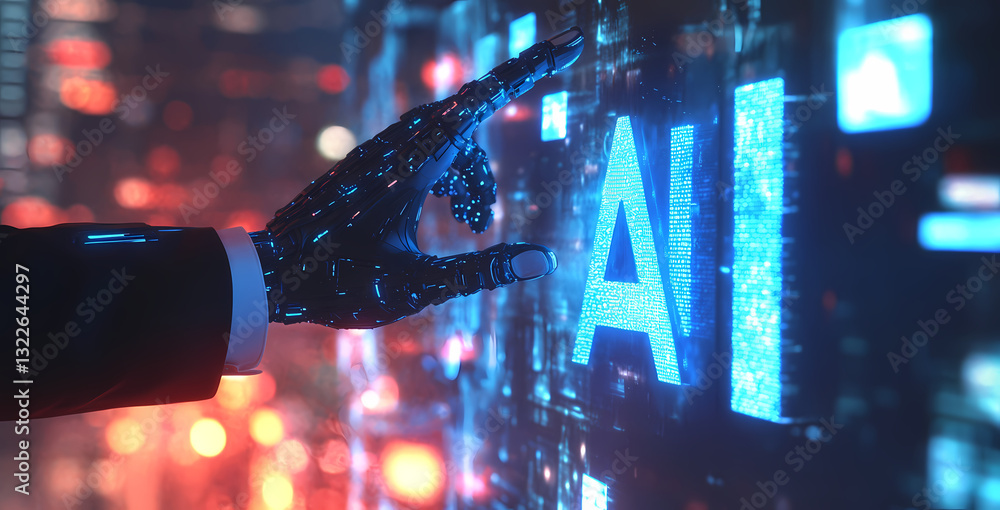 Poster innovation's touch: futuristic digital robotic hand interacting with an ai interface, symbolizing pr