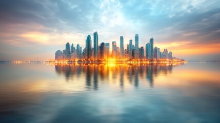 Obraz premium The vibrant city skyline at dusk in New York City is a breathtaking sight with a dazzling array of colors as the glowing lights from the towering buildings reflect softly off the calm waters below