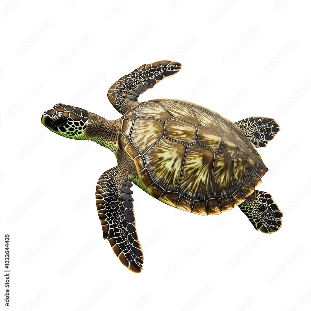 Poster turtle isolated on white background, showcasing detailed shell pattern