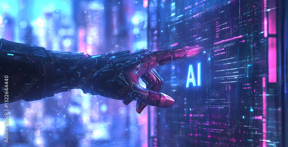 Poster ai interaction: a futuristic close-up of a hand interacting with a glowing ai interface. neon colors