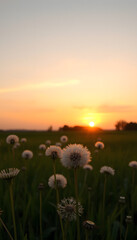 Obraz premium Dandelion field at sunset, rural aesthetic, minimalism. with white shades