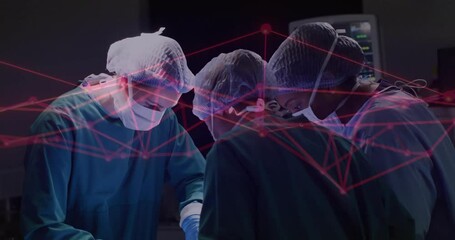 Performing surgery, surgeons with digital network animation overlay in hospital - Powered by Adobe