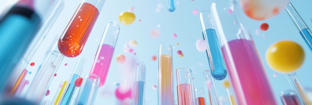 Modern veterinary laboratory with colorful test tubes and abstract medical data visualizations in a sterile environment designed with golden ratio principles