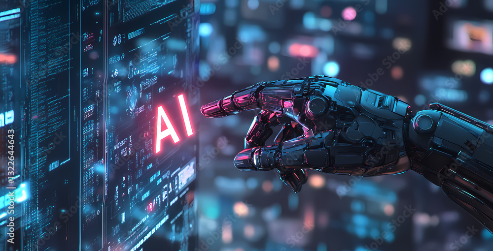 Poster the ai touch: a cyberpunk image shows a robotic hand interacting with a digital interface showcasing