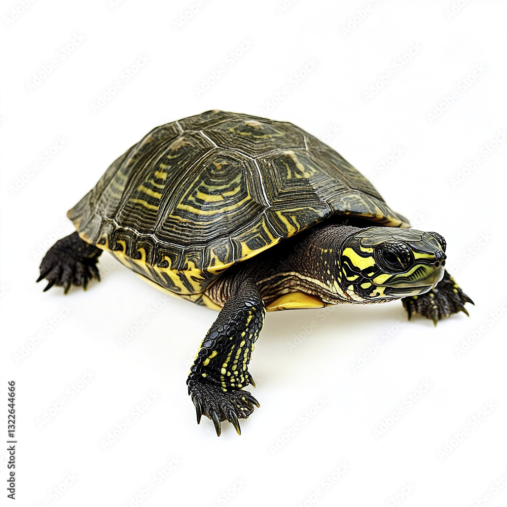 Poster turtle with intricate shell pattern isolated on white background