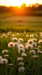 Fototapeta premium Dandelion field at sunset, rural aesthetic, professional photography. with white shades