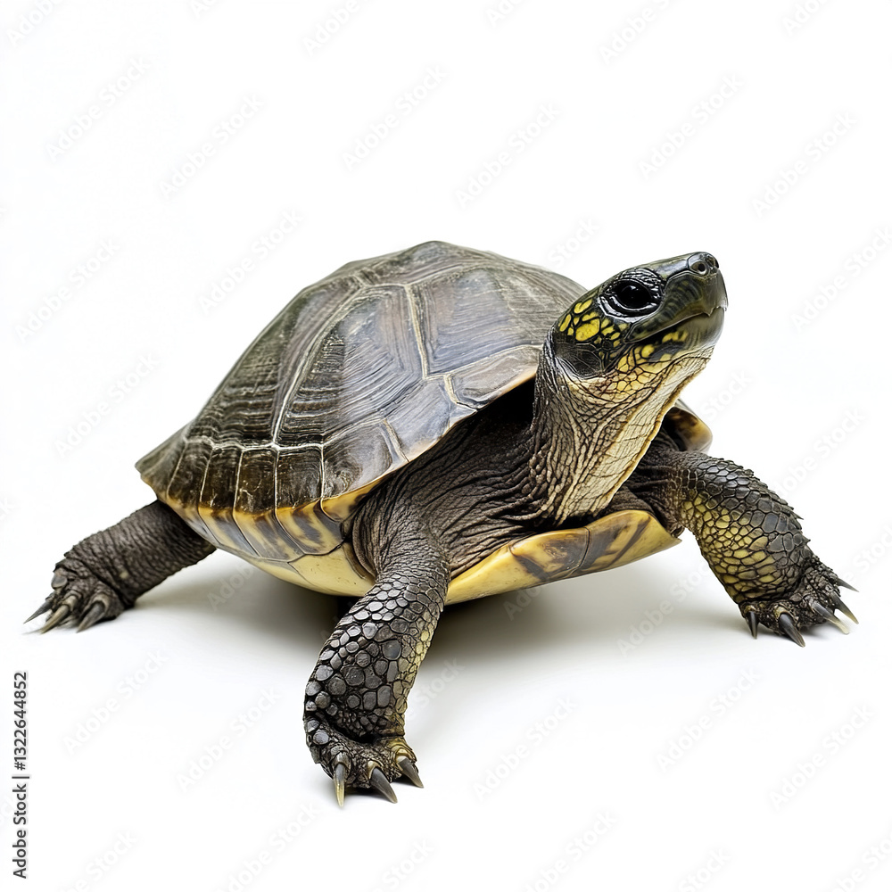 Poster turtle isolated on white background, showcasing its textured shell