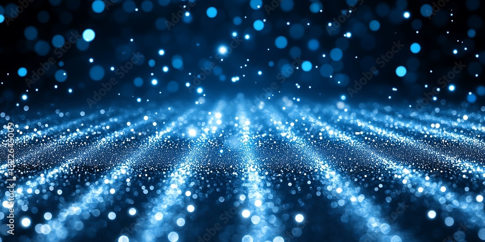 Poster radiant particle field with shimmering blue and dark background