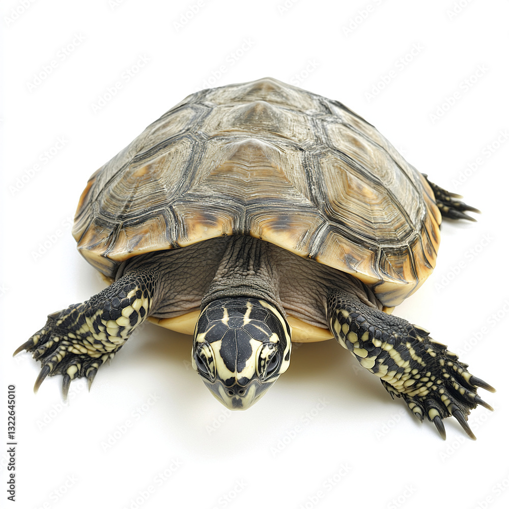 Poster turtle isolated on white background with detailed shell texture