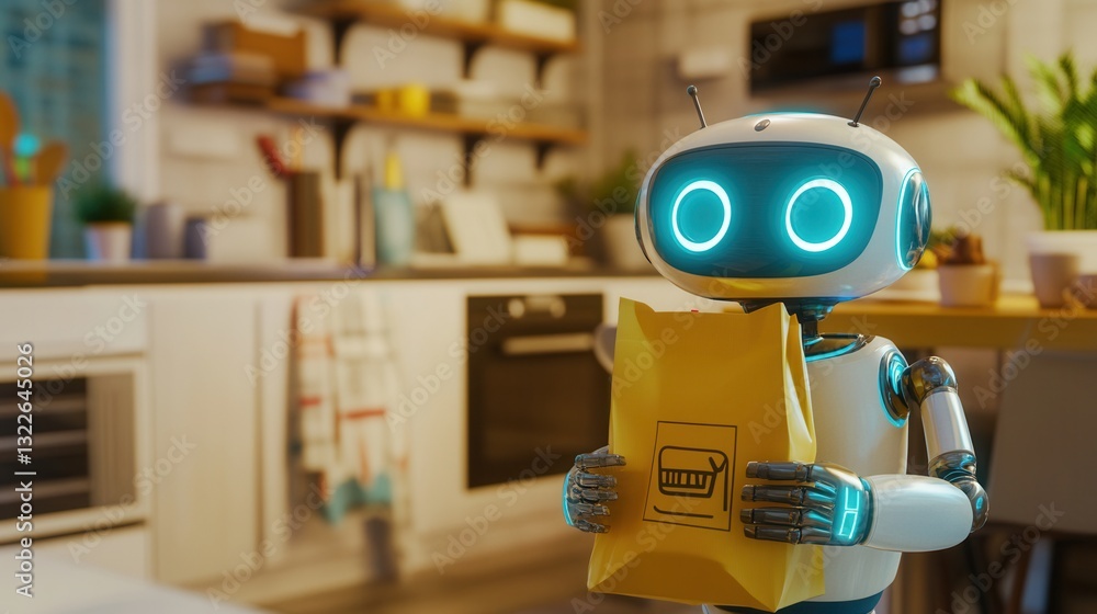 Poster friendly robot delivers groceries in a futuristic smart home environment with advanced technology an