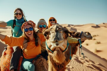 Detailed Color Picture of Tourist Enjoying Camel Ride in the Desert