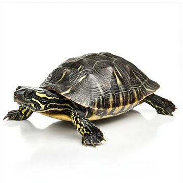 Turtle isolated on white background, showcasing its detailed shell