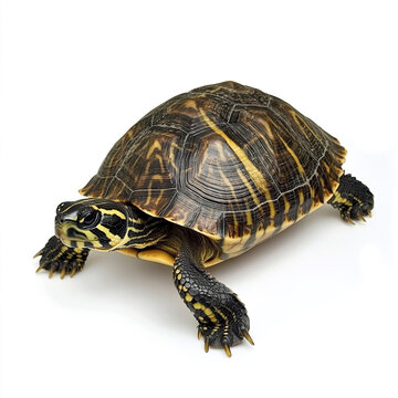 Turtle on white background showcasing its detailed shell pattern