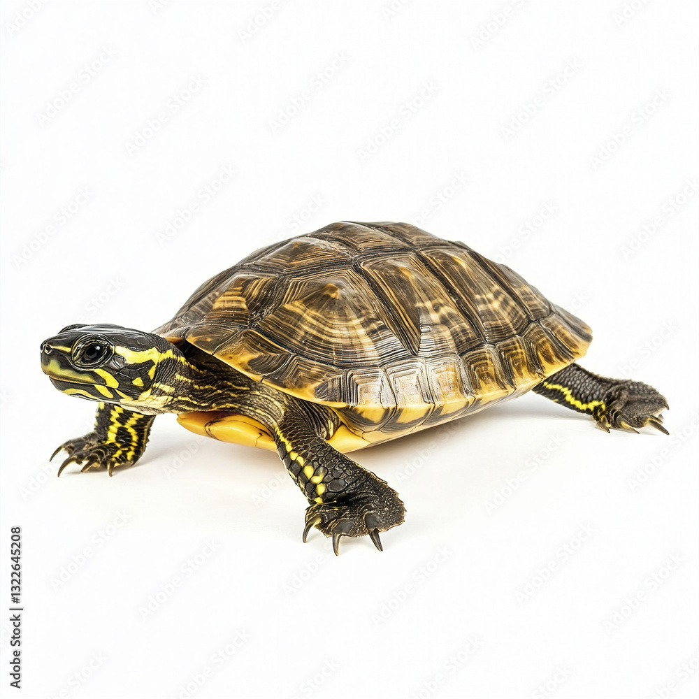 Poster turtle isolated on white background with detailed shell pattern