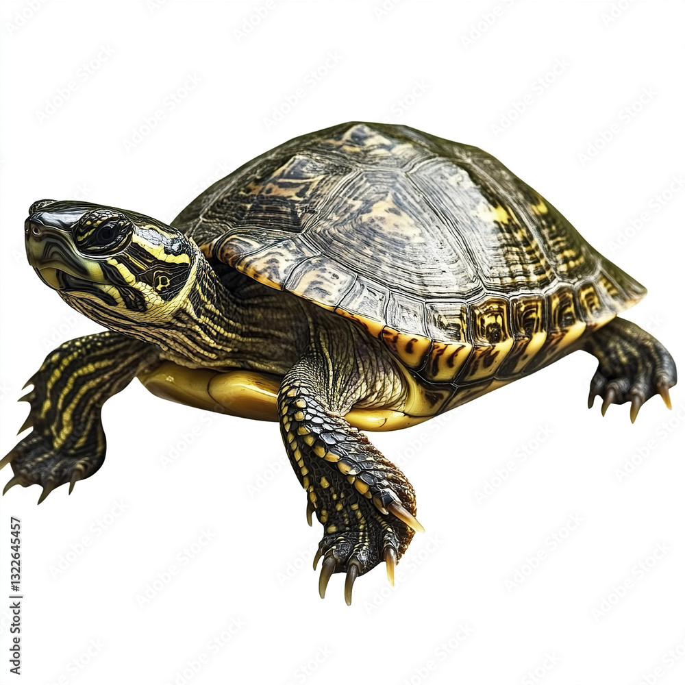 Poster turtle isolated on white background, showcasing detailed shell pattern