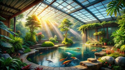 Obraz premium Serene Indoor Koi Pond Garden: Sunlight Streaming Through Skylight