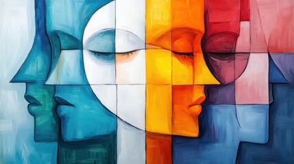 Abstract colorful faces, cubist style.
