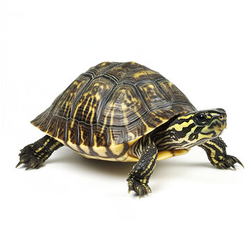 Turtle isolated on white background, showcasing detailed shell pattern