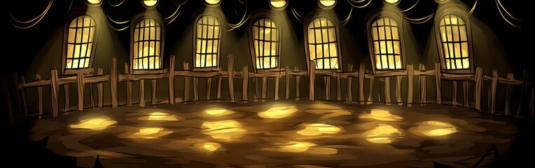 Stage backdrop drawing with illuminated windows and wooden fencing