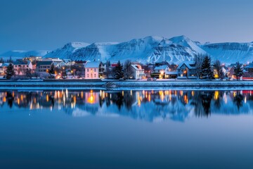 High Definition View of Beautiful Houses Reflected in Lake Tjornin, Reykjavik During Winter