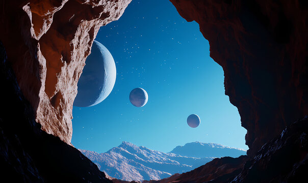 Cave View on Other Planets: A captivating view from a cave looking into the expanse of a mysterious sky with other planets. the allure of space exploration, the grandeur of unknown worlds.