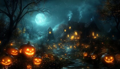 Naklejka premium Haunted house, pumpkins, night, Halloween, spooky scene