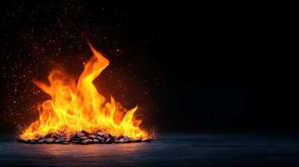 A vibrant flame burns atop a pile of dark rocks