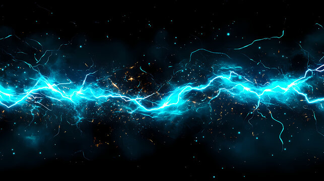 Abstract impact of burning vermilion and celestial aqua glowing lightning sparks effects anime on plain black background. Celestial Sparks. Illustration