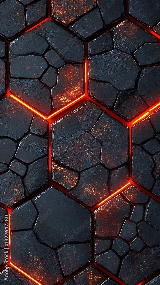 Poster abstract hexagonal tile wall with fiery red illuminated outlines