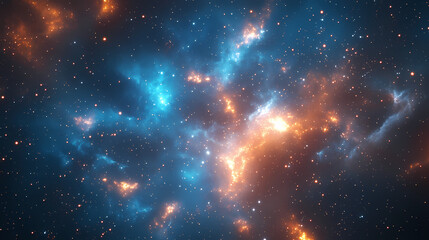 Abstract nebula with blue and orange colors, the bright blue blends into dark blue with many tiny white sparks creating a sense of infinite depth and cosmic mystery. Celestial Sparks. Illustration