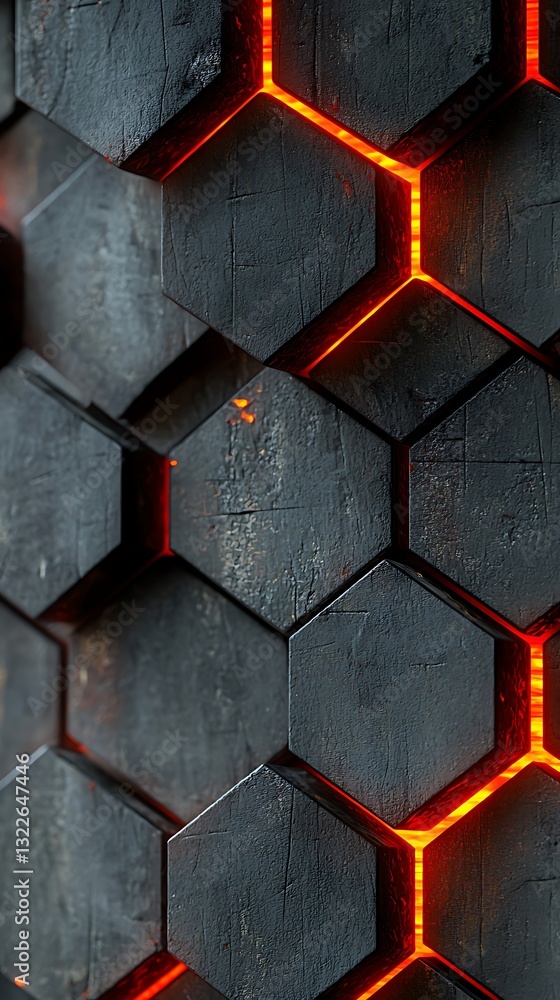 Poster dark hexagonal tiles with glowing orange light in gaps