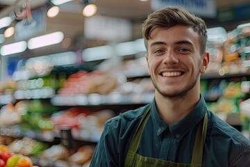 Clear Pixel Picture of Smiling Young Male Worker in Grocery Store