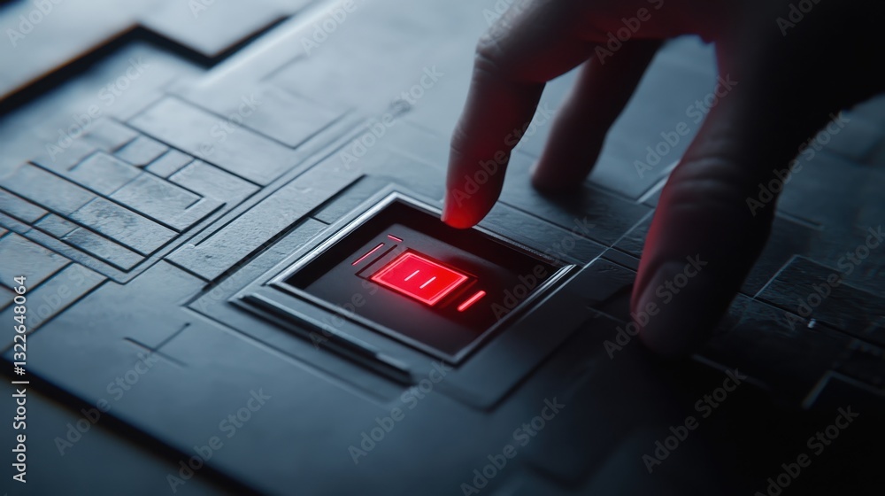 Poster Hand Pressing Futuristic Red Button on High-Tech Control Panel with Intricate Geometric Design