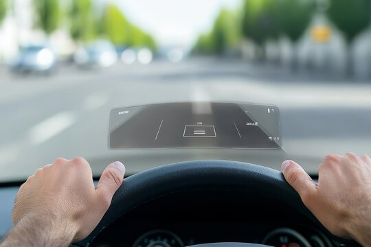 Smart Heads-Up Display in Modern Car with Hands on Steering Wheel - Powered by Adobe
