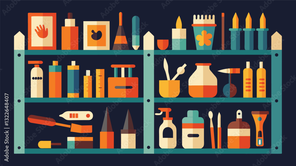 Poster shelves lined with an array of tools and materials from delicate paintbrushes to sy carving knives..