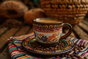 high detail image of traditional cup of mexican coffee in front of coffee beans