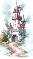 An enchanting castle with a winding path leading up to its majestic entrance