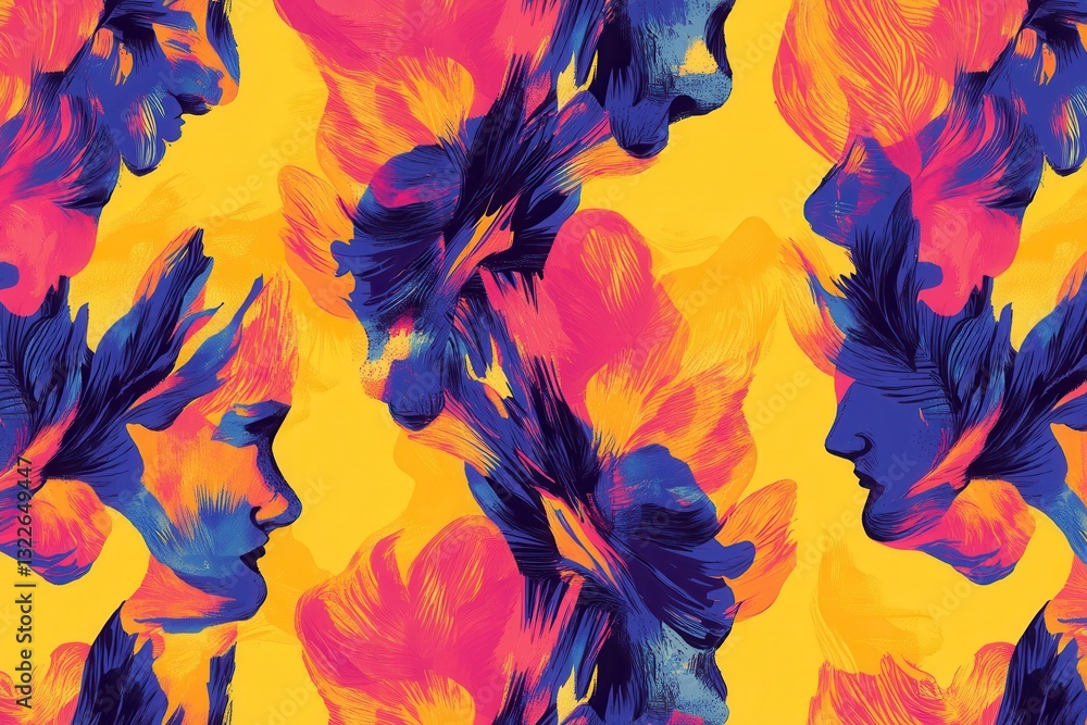 Poster abstract design featuring vibrant floral patterns and human silhouettes with dynamic colors against 